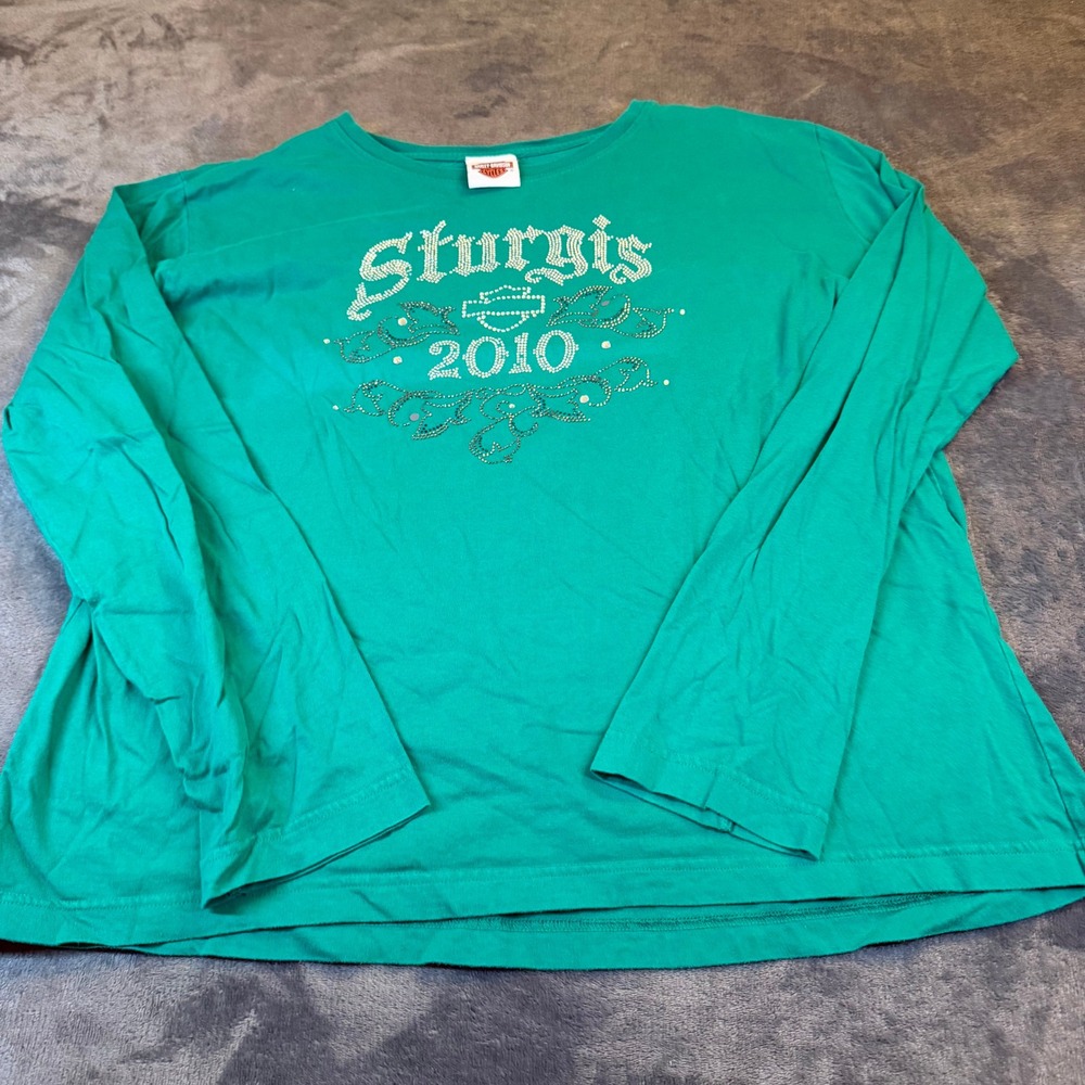 Harley Davidson Sturgis Long Sleeve T Shirt Rhinestone Graphic Green Womens XL
